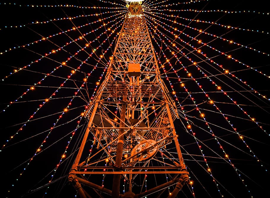 light, structure, night, recreation, web, ferris wheel, fireworks HD wallpaper