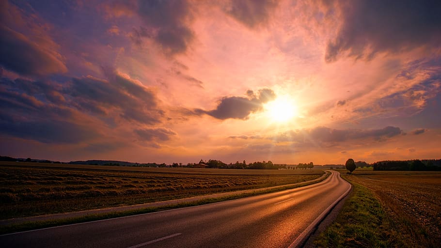 Asphalt Road during Sunset, clouds, dawn, farm, field, fields HD wallpaper