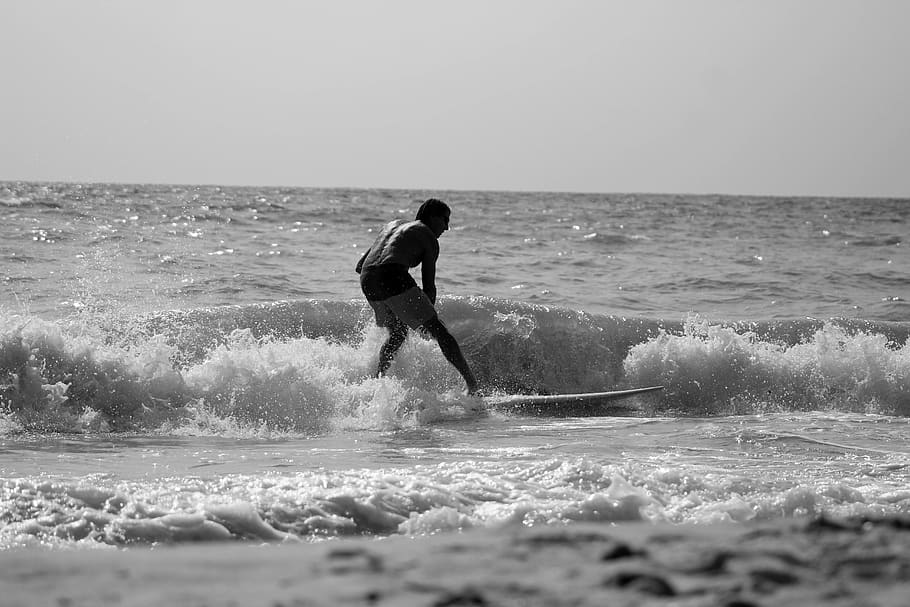united states, naples, ocean, sky, waves, surfboard, black and white, HD wallpaper