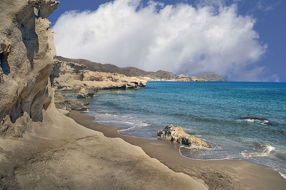 beach, waves, sea, costa, calm, sky, clouds, rocks, water, land HD wallpaper
