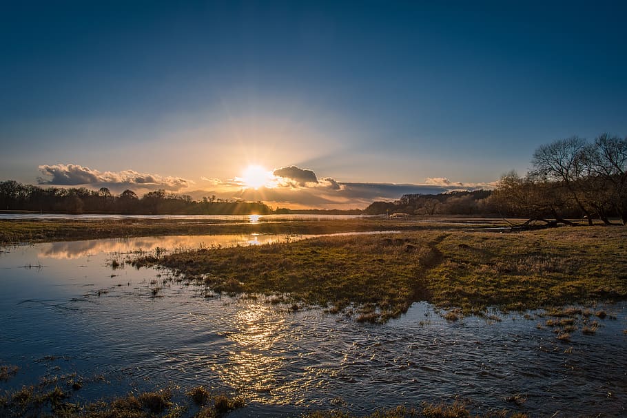 Landscape of River, clouds, environment, grass, nature, reflection HD wallpaper
