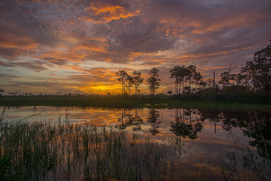 sunset, reflection, water, lake, landscape, nature, orange HD wallpaper