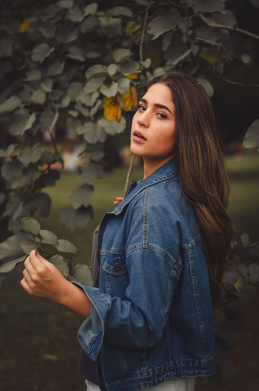 Gorgeous glamour brunette woman with blue jacket posing on modern balcony  with amazing view on city .Portrait of a Stylish fashionable woman with  long hair , black jeans wearing in balcony 6651736