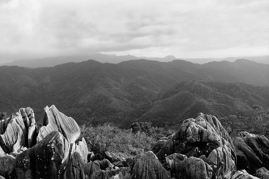 Grayscale Photo of Mountain, black and white, clouds, daylight HD wallpaper