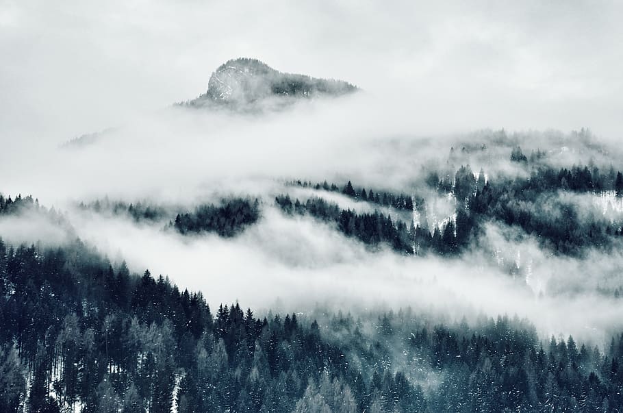 High Angle Photo of Mountain Cover With Clouds, black and white HD wallpaper