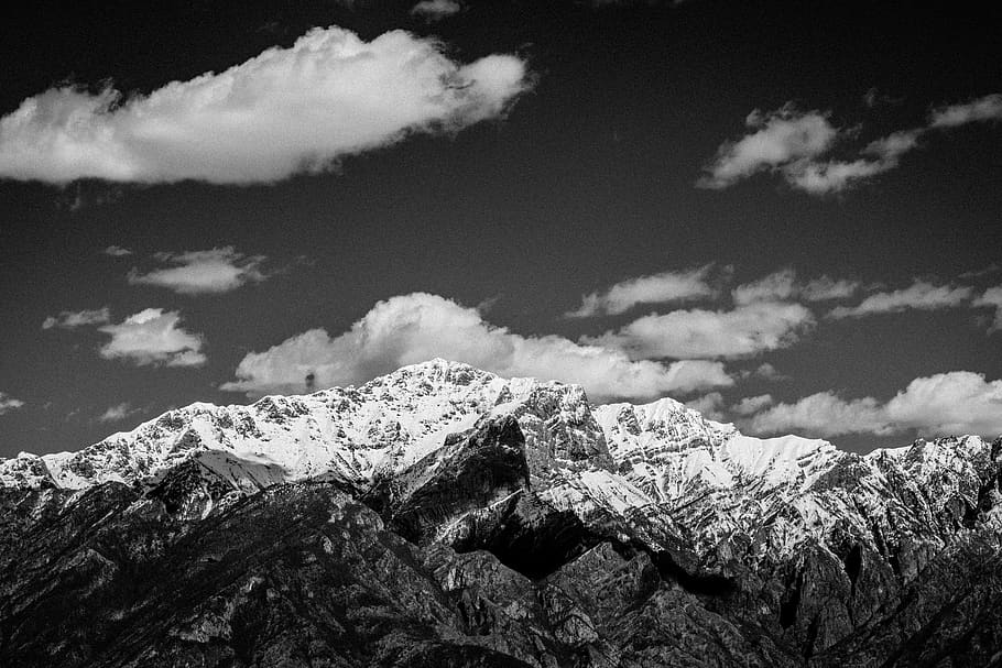 Grayscale Photo of Mountain, alps, black-and-white, clouds, cold HD wallpaper