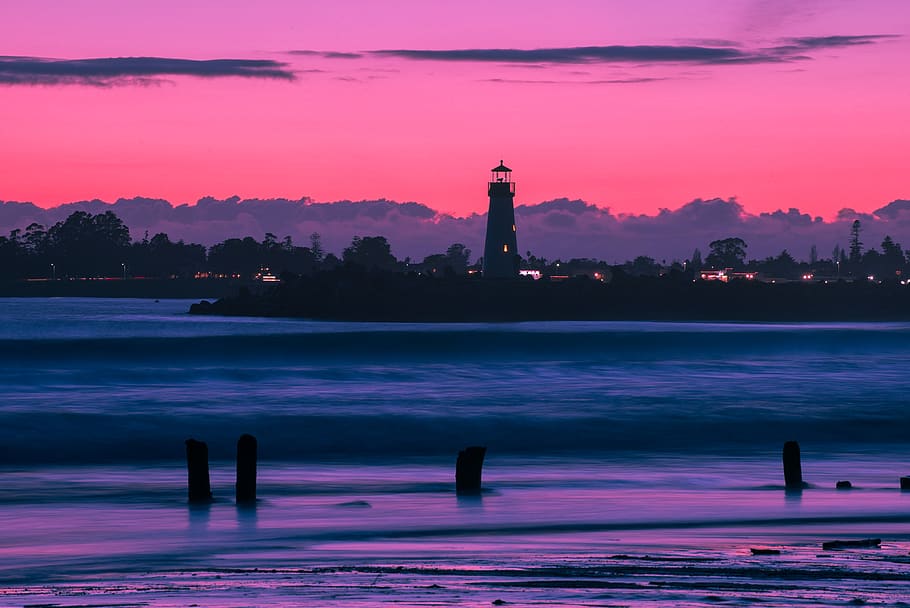 Lighthouse during Night, background, bay, beach, dawn, evening HD wallpaper