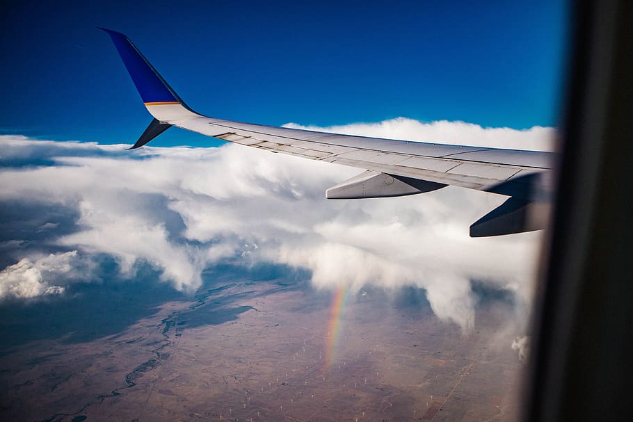 white airplane wing, cloud, aeroplane, travel, cloudscape, rainbow HD wallpaper