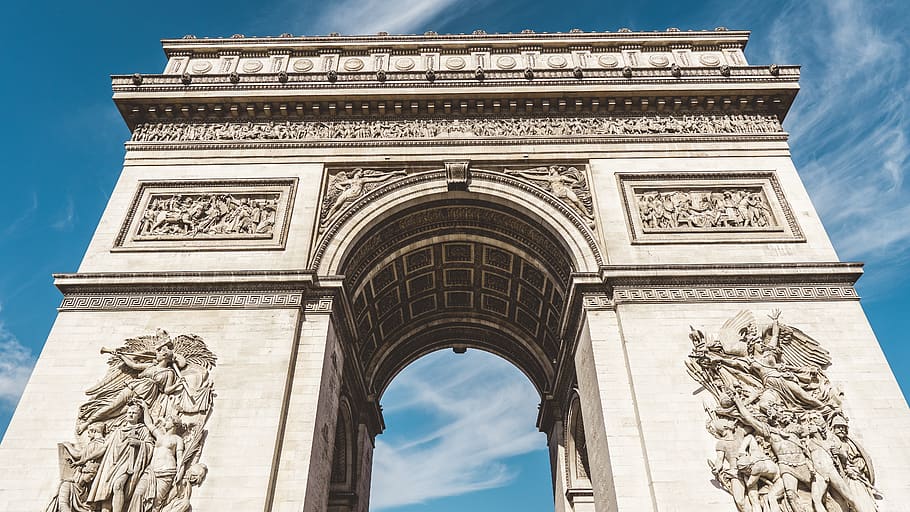 Arc De Triomphe, arch, architecture, building, landmark, low angle shot, HD wallpaper