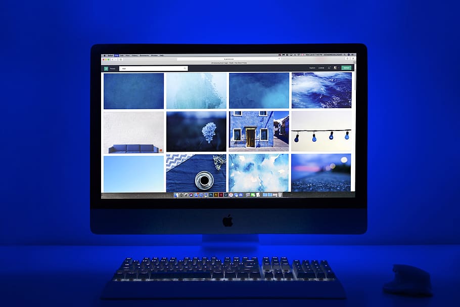Silver Imac Turned on Displaying Different Photos, blue, blue background, HD wallpaper