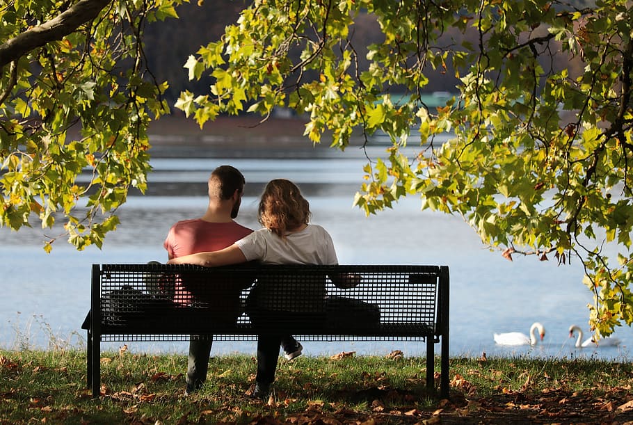 pair, bank, sit, love, man, woman, together, romantic, park HD wallpaper