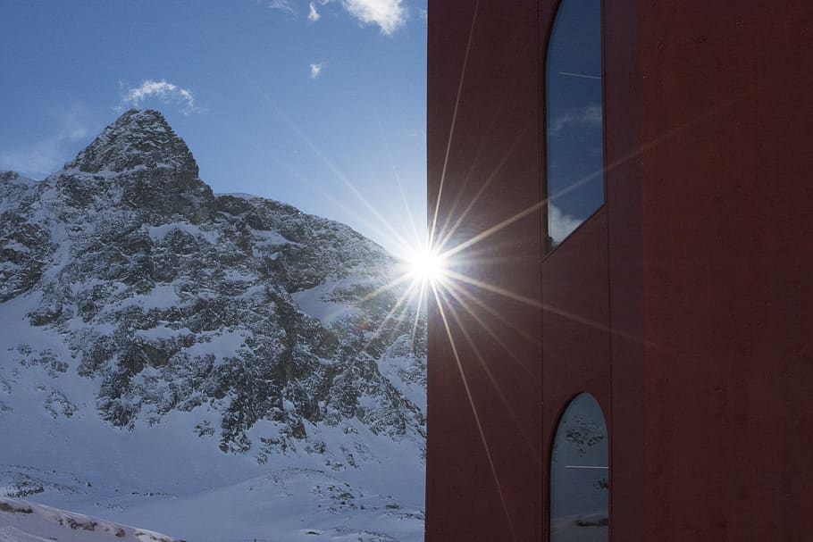 mountain, sunbeam, sunlight, sky, blue, building, art, wood HD wallpaper