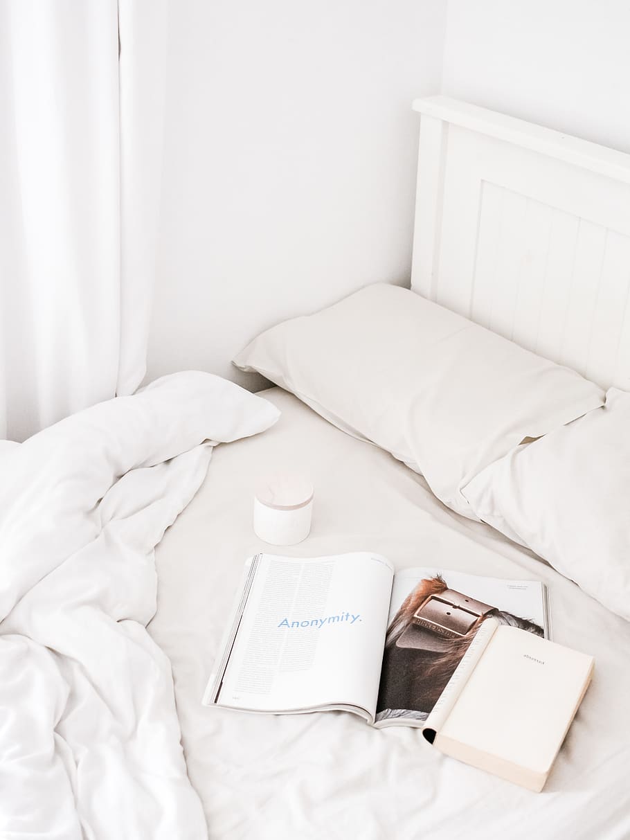 white book on bed, furniture, pillow, cushion, home decor, text, HD wallpaper