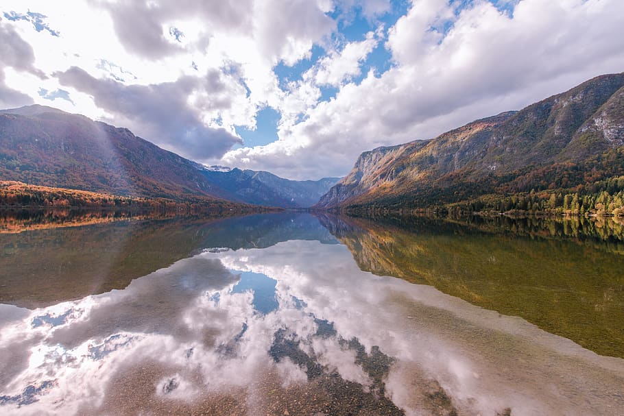 Green and Brown Mountain Near Body of Water, clouds, environment HD wallpaper