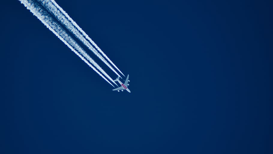 aerial photo of airplane with contrail during daytime, transportation, HD wallpaper
