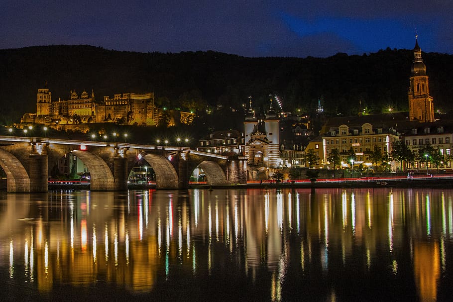 bridge, heidelberg, germany, river, city, night, castle, travel, HD wallpaper