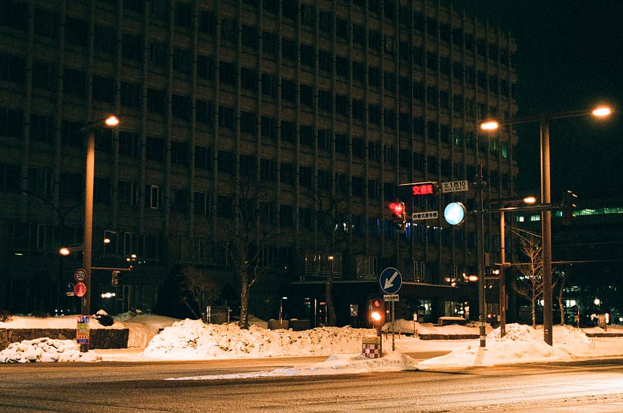 night, illuminated, street, city, building exterior, snow, architecture HD wallpaper