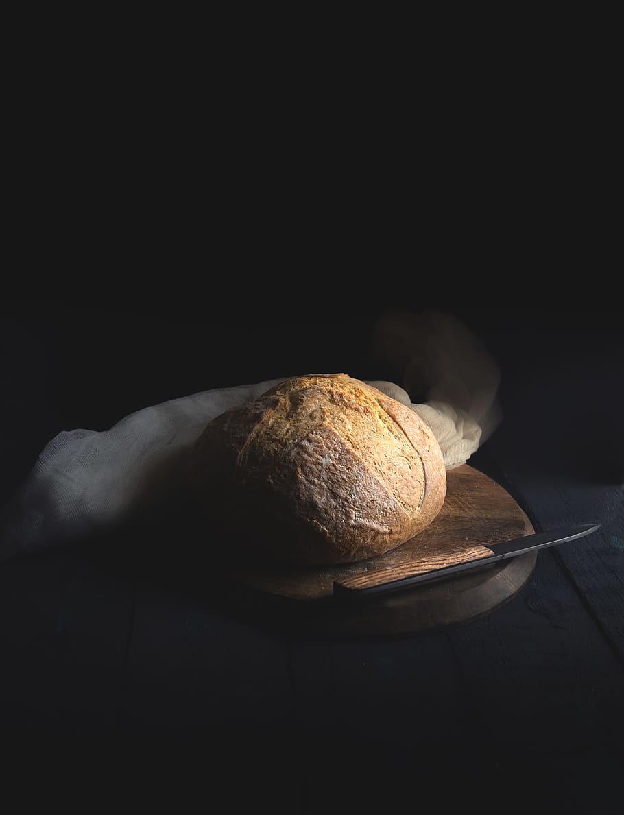 baked bread beside knife on wooden board, table, cloth, loaf HD wallpaper