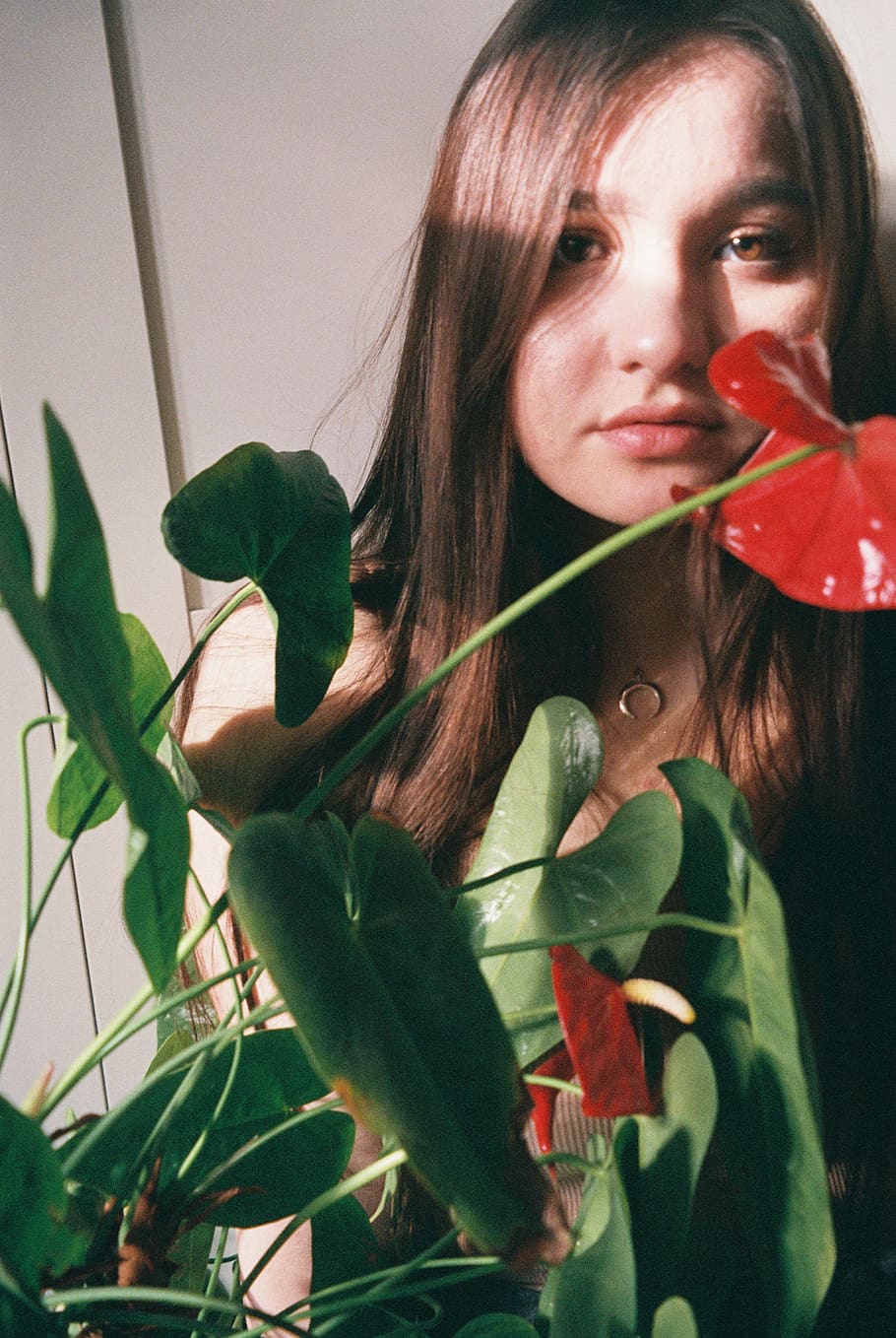 girl, flower, room, eyes, lips, green, red, film, film camera, HD wallpaper