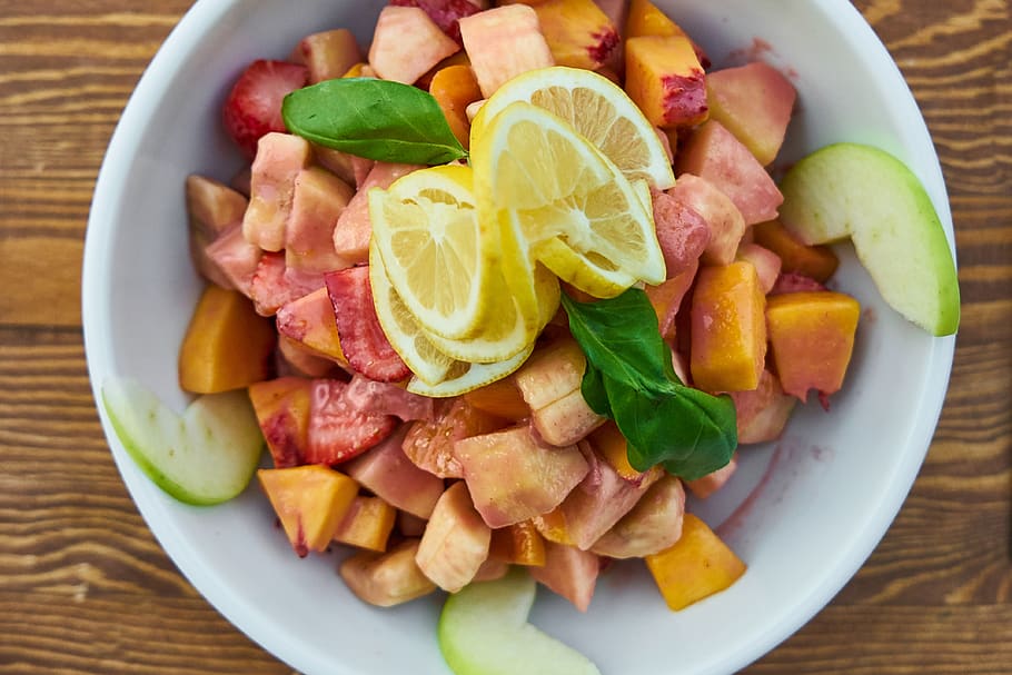 Sliced Fruits In White Bowl, apple, basil, delicious, diet, food HD wallpaper