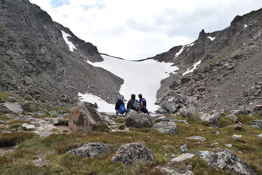 Three People Facing Snowfield, adventure, climb, clouds, daylight HD wallpaper