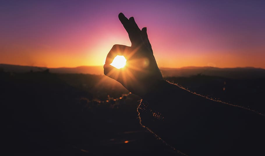 Person Doing Ok Hand Sign during Sunset, macro, silhouette, sky, HD wallpaper