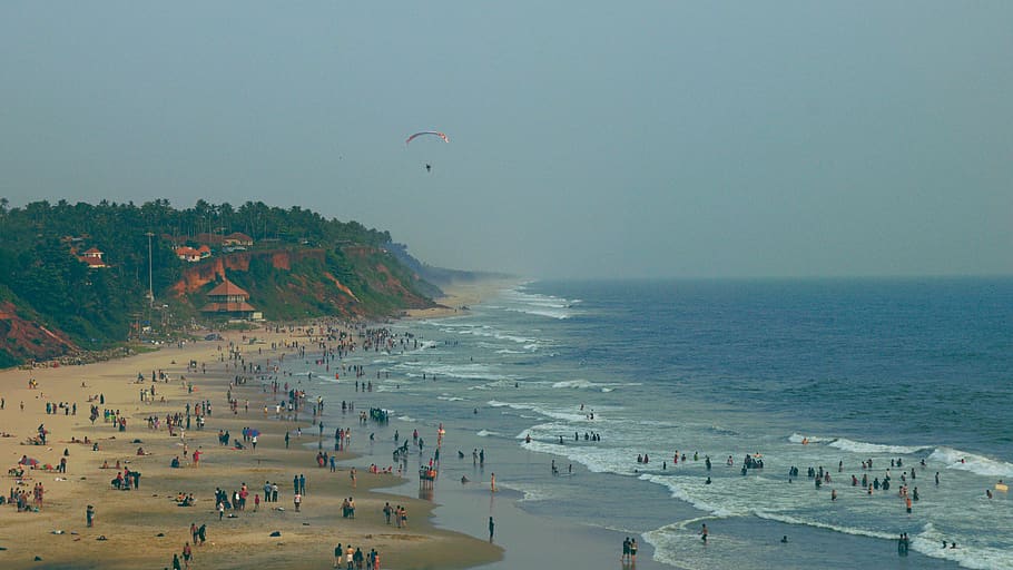 varkala, india, papanasam beach, waves, ocean, paragliding, HD wallpaper