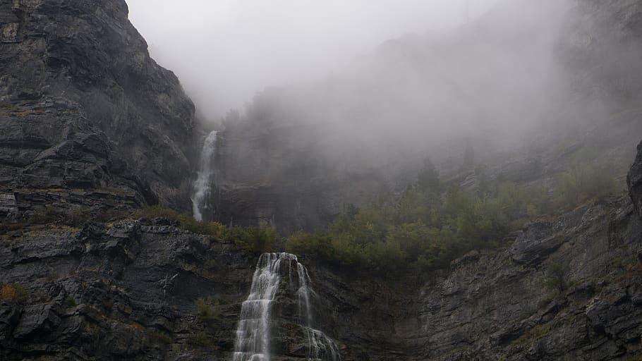 waterfall, green, tree, nature, cold, mountain, landscape, fogs HD wallpaper
