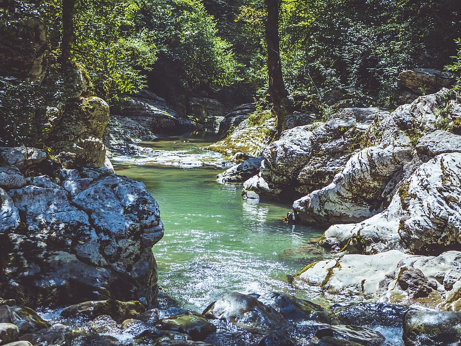 River Surrounded by Rocks, afternoon, cascade, environment, flow HD wallpaper
