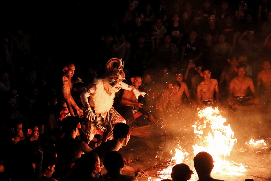 indonesia, uluwatu temple, group of people, fire - natural phenomenon
