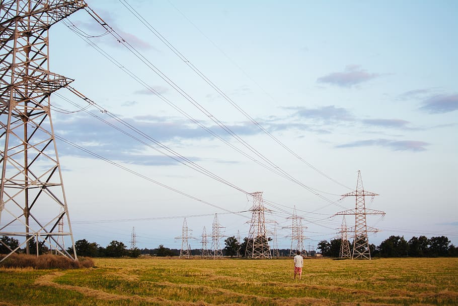 power lines, electricity, hydro, fields, rural, countryside HD wallpaper