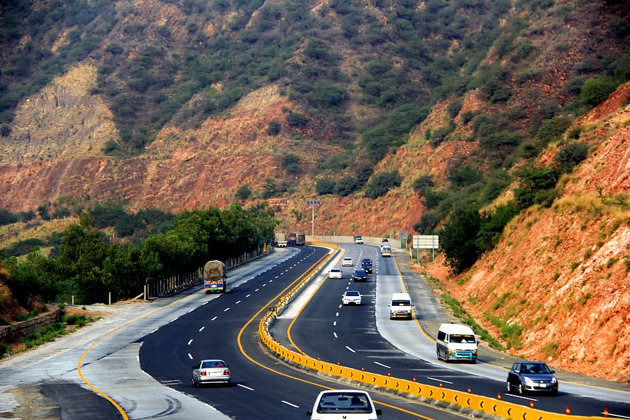 road, trees, forest, islamabad, moterway, transportation, car, HD wallpaper