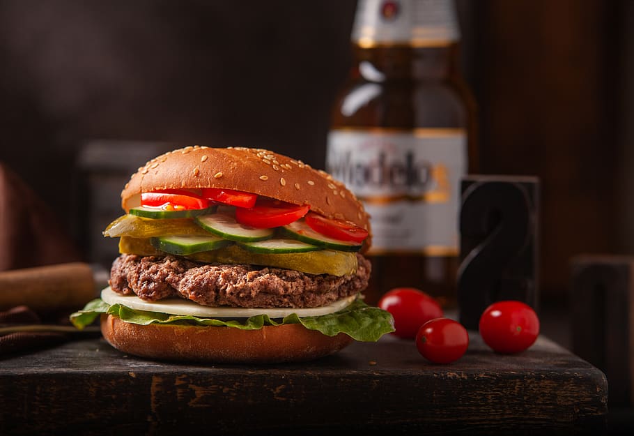meat burger on table, food, beer, plant, cheeseburger, foodphotography, HD wallpaper
