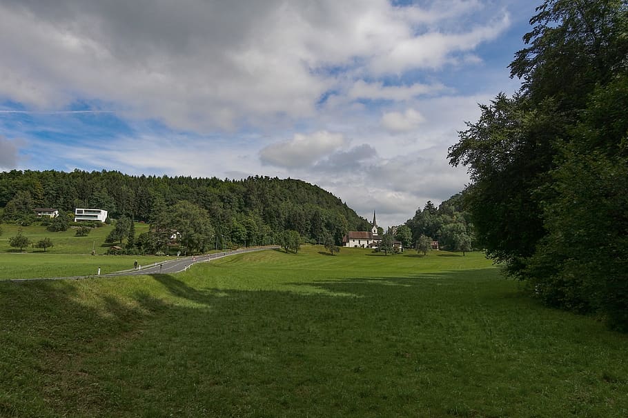 landscape, green, hill, grass, nature, sky, clouds, plant, tree HD wallpaper