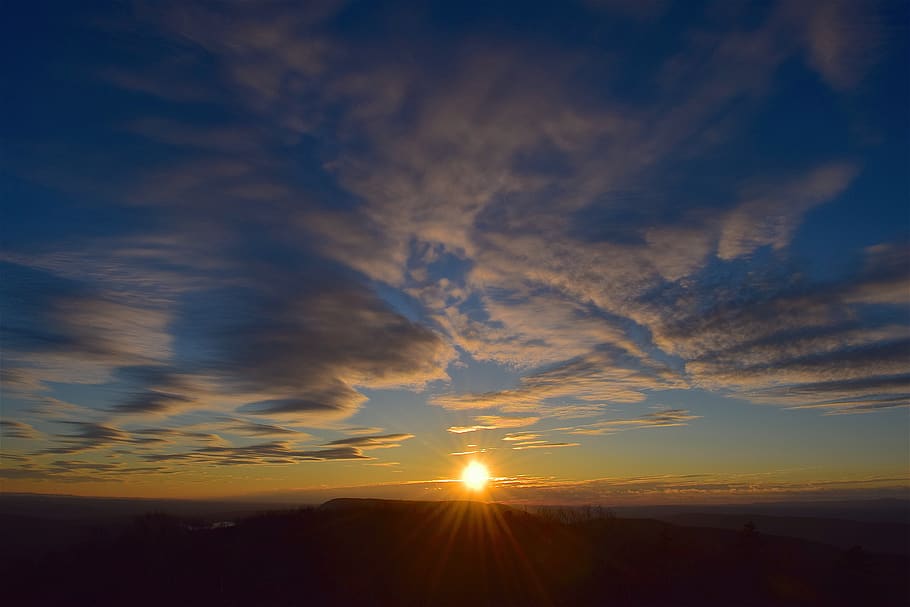 sunset, sky, clouds, nature, outdoor, blue, sunlight, yellow HD wallpaper