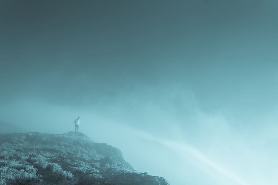 People Standing on Cliff, clouds, daylight, fog, landscape, mist HD wallpaper