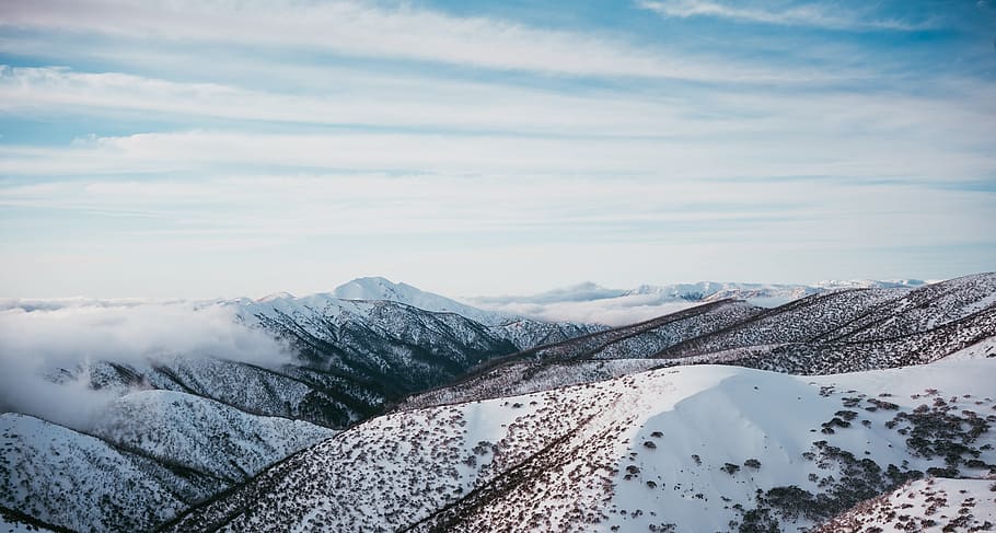 photo of mountains filled with snow, sky, cloud, fog, foggy, hill HD wallpaper