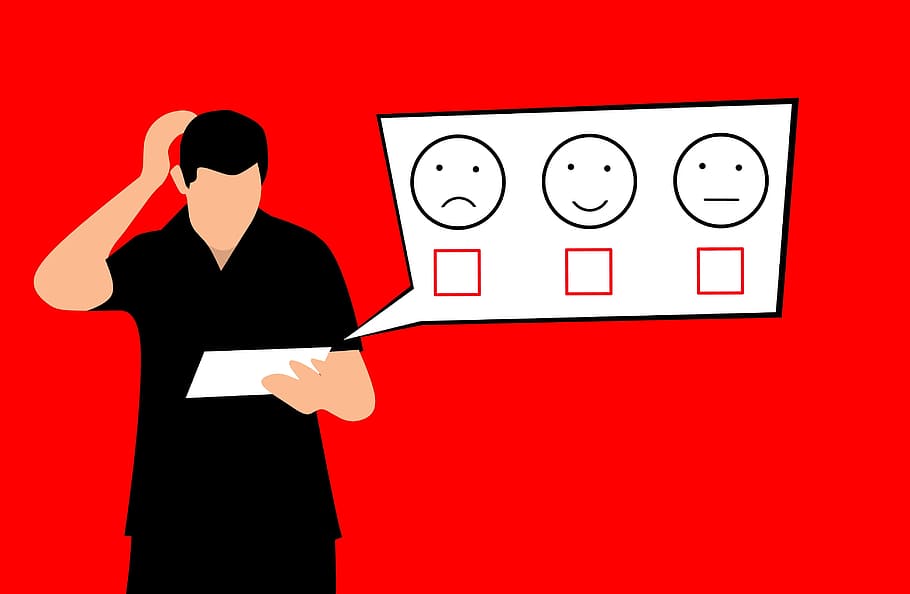 Illustration of customer taking a satisfaction survey., experience