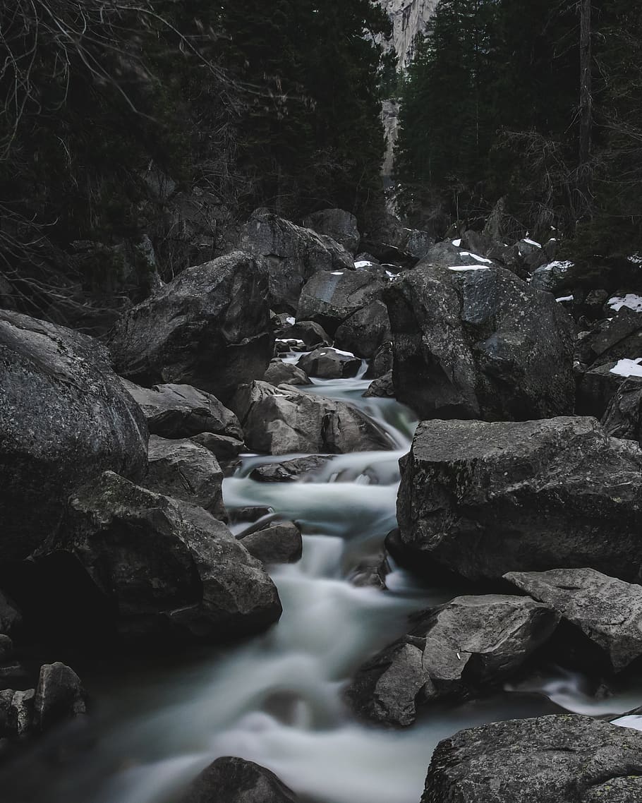 cascading waterfalls surrounded by black rocks, nature, outdoors HD wallpaper