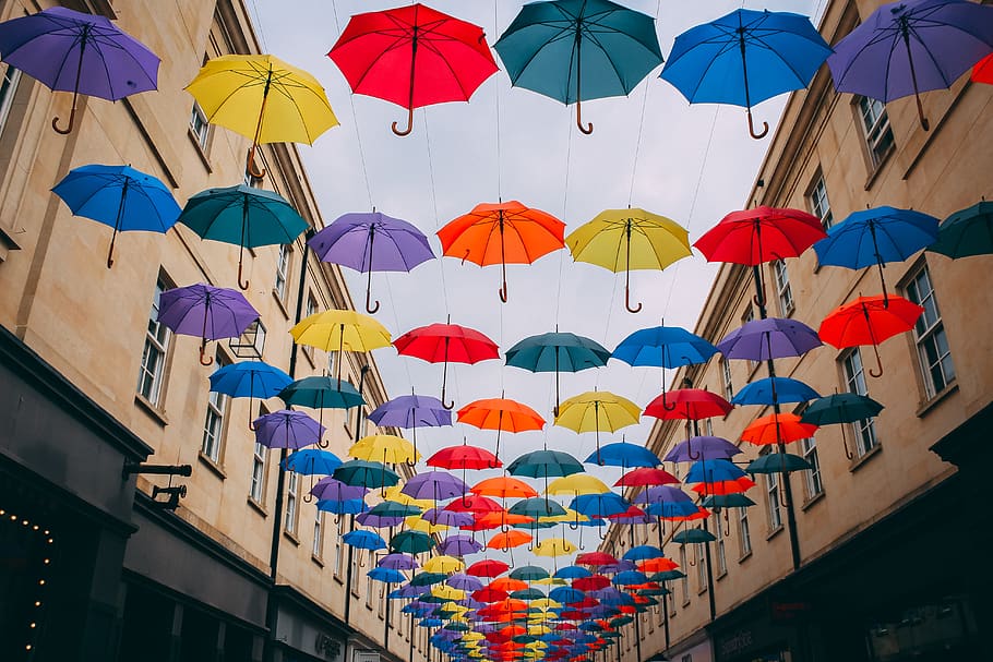 assorted-color floating umbrella lot near building, canopy, united kingdom, HD wallpaper