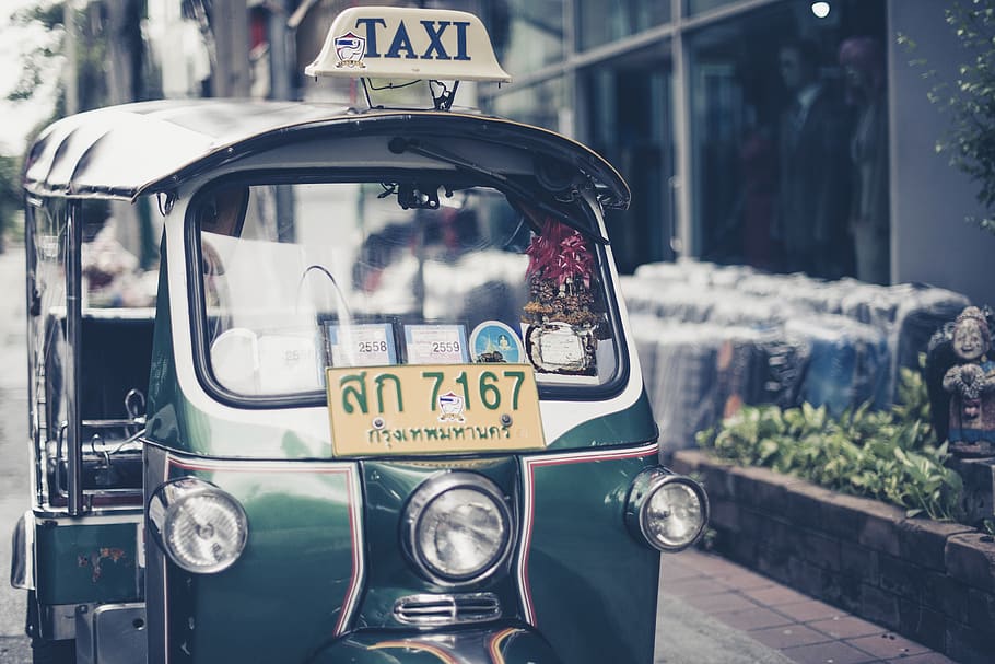 green auto rickshaw, thailand, transportation, vehicle, asia HD wallpaper