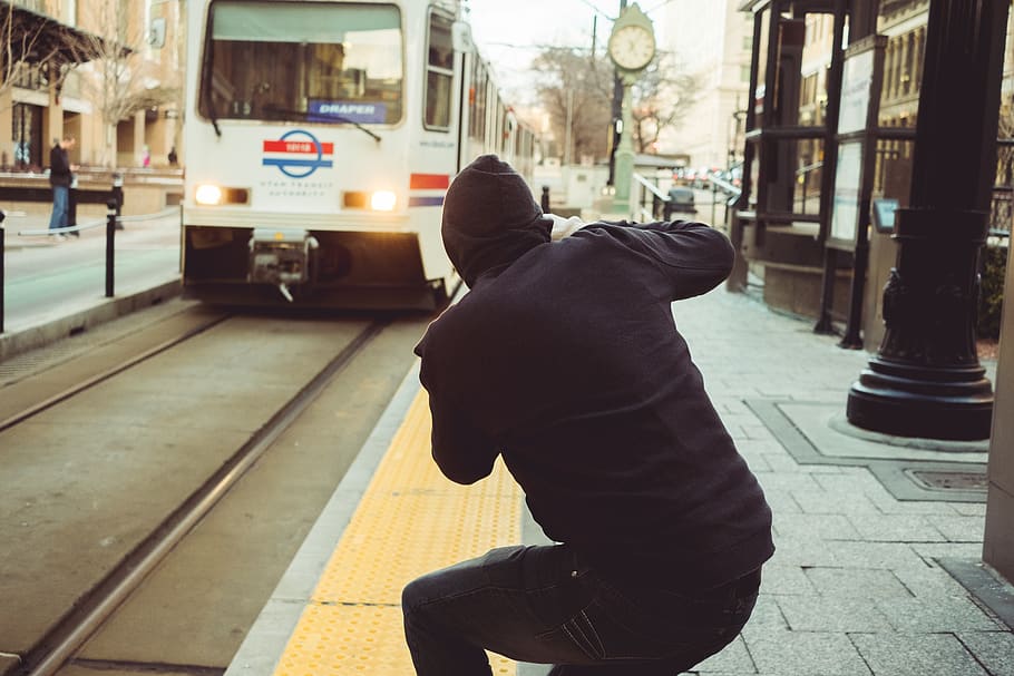 people, man, black, train, trail, vehicle, transportation, station HD wallpaper