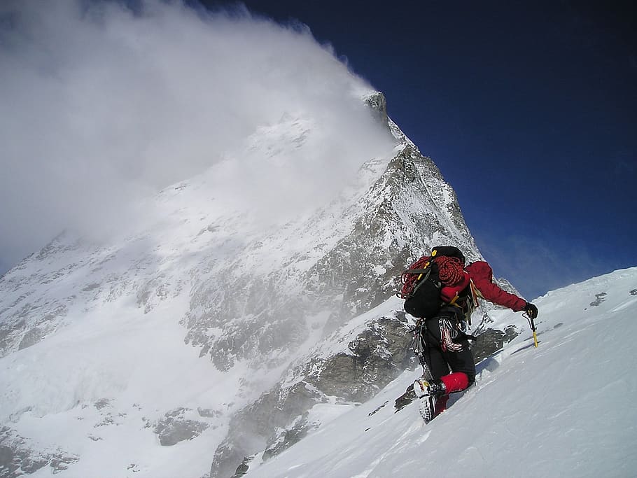 Person Climbing Glacier Mountain during Day, adventure, cold HD wallpaper