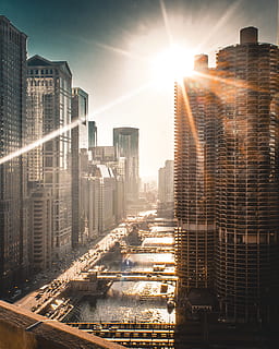 sun raise over the building, town, urban, high rise, city, flare HD wallpaper