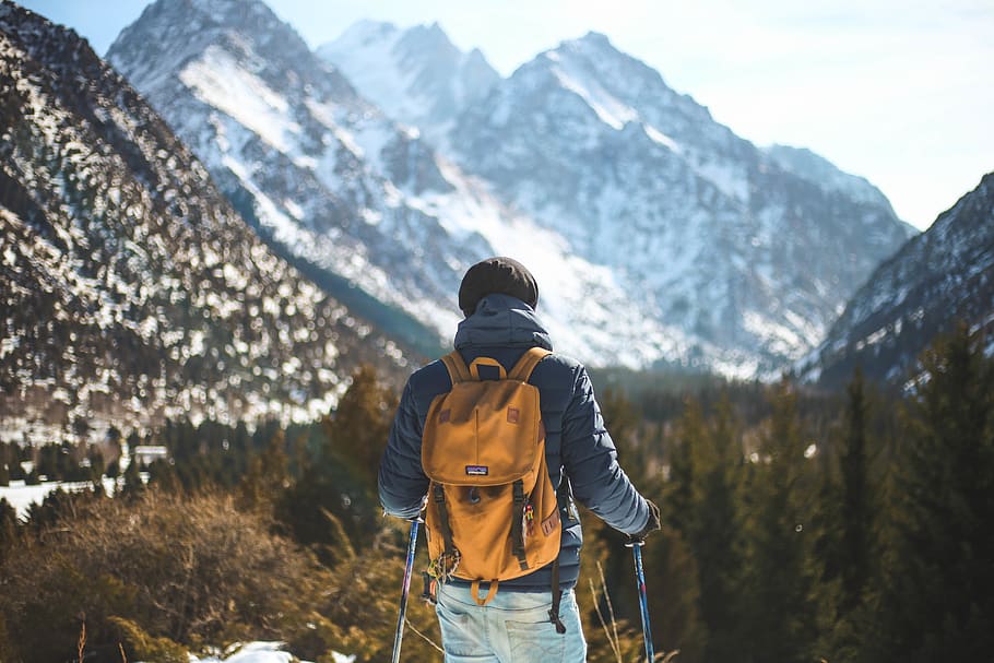 Men's Blue Leather Jacket and Brown Backpack, adventure, climb HD wallpaper