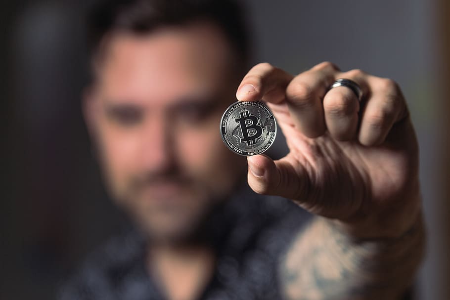Person Holding Silver Bitcoin Coin, adult, blur, close-up, crypto