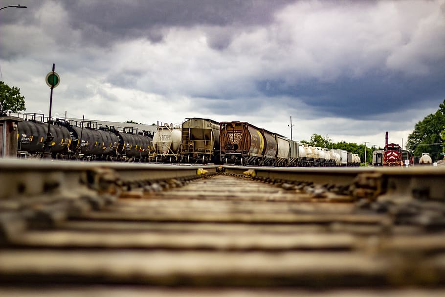 trains under cloudy sky, transportation, vehicle, shipping container, HD wallpaper