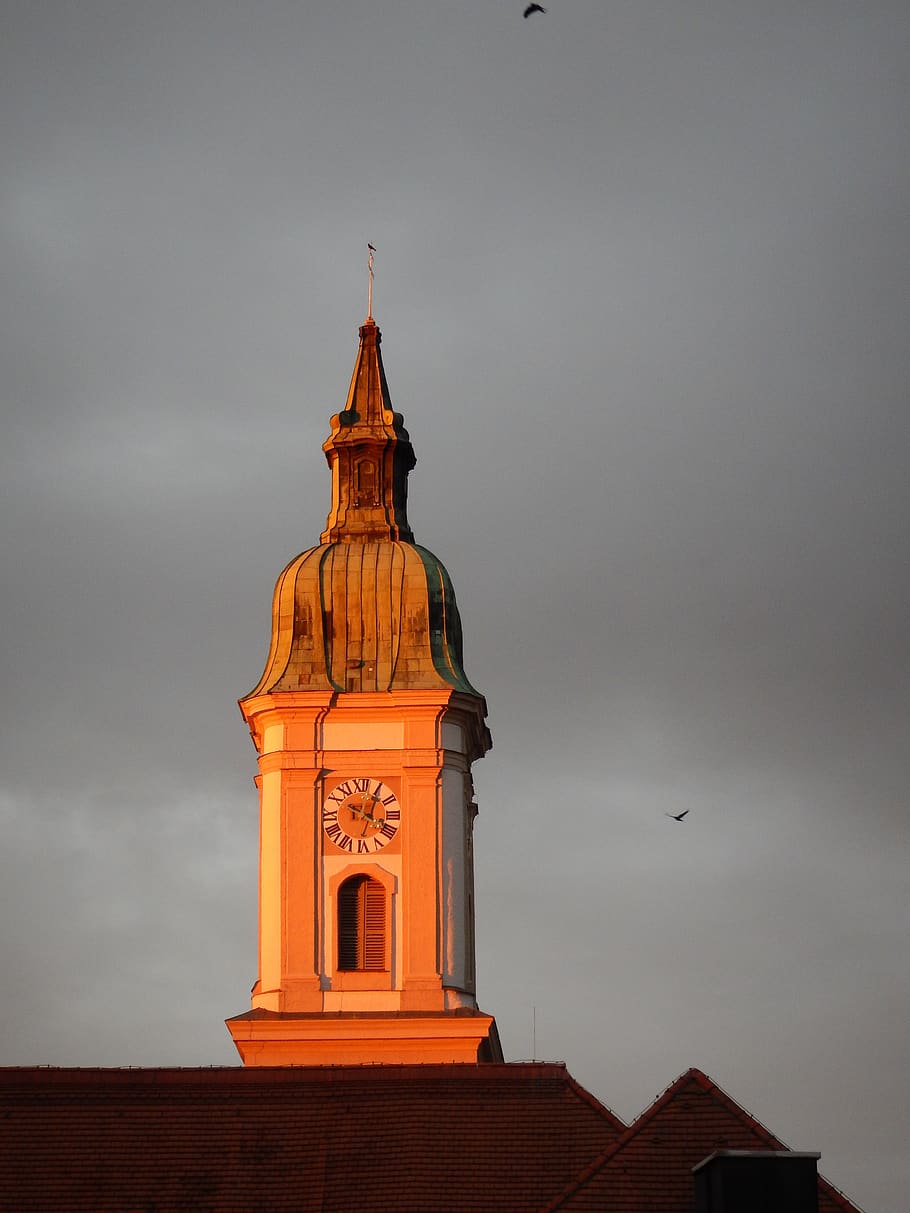 church, steeple, grey sky, cloudiness, evening light, rococo