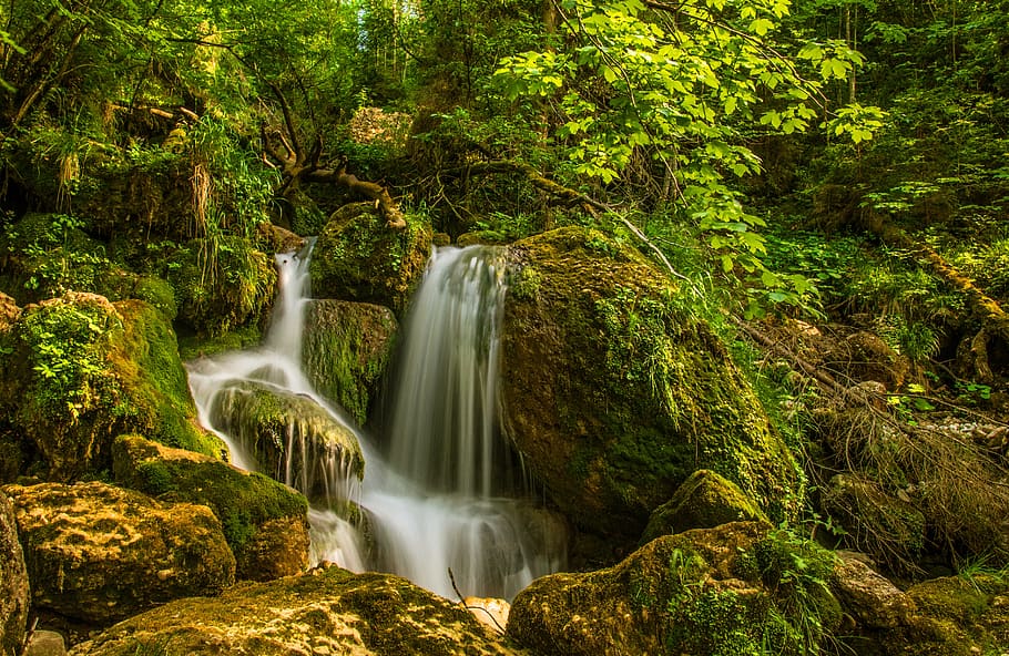 waterfall, green, forest, nature, landscape, river, mountain HD wallpaper