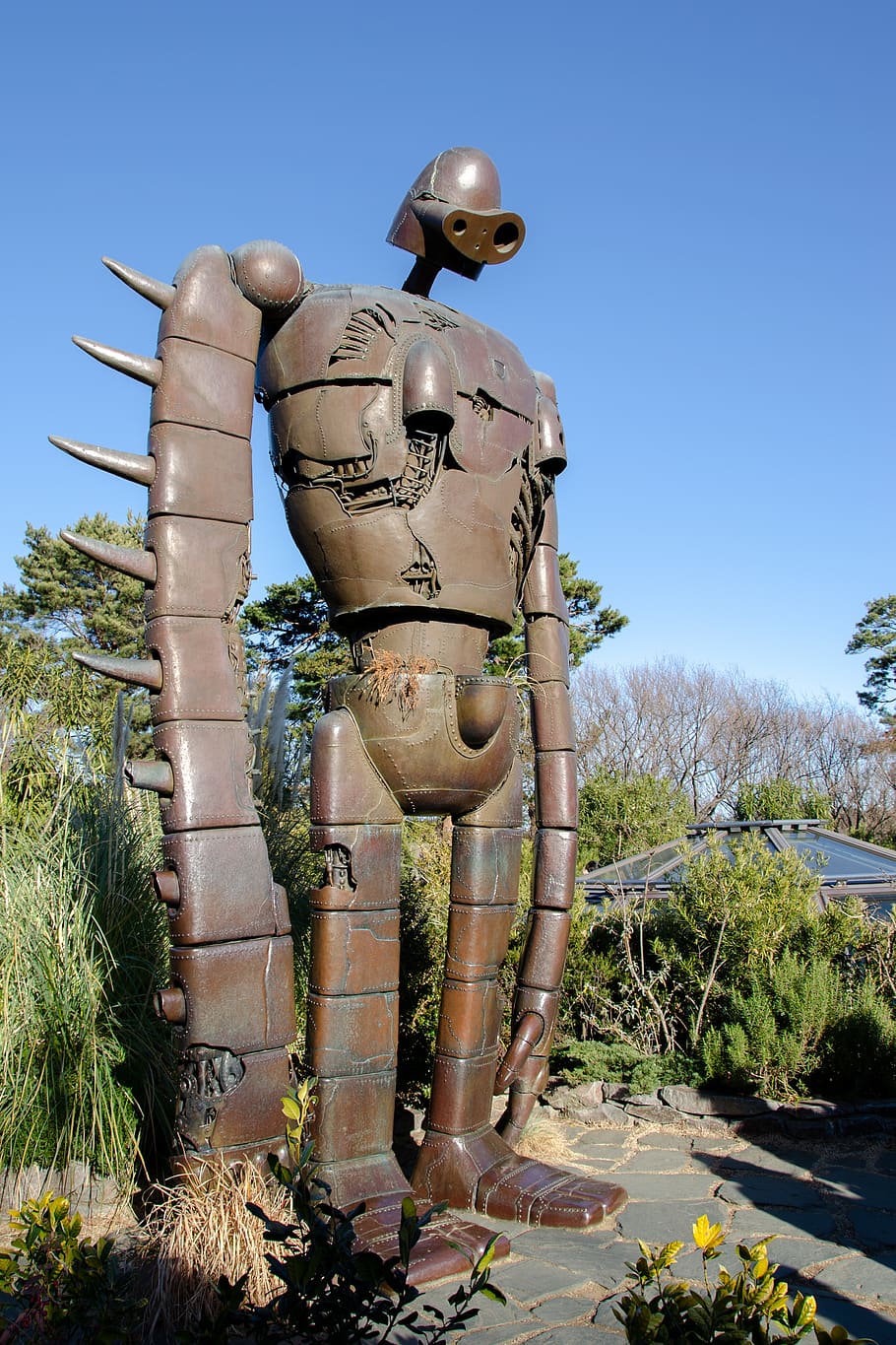 robot soldier, statue, life-size, sculpture, figure, copper